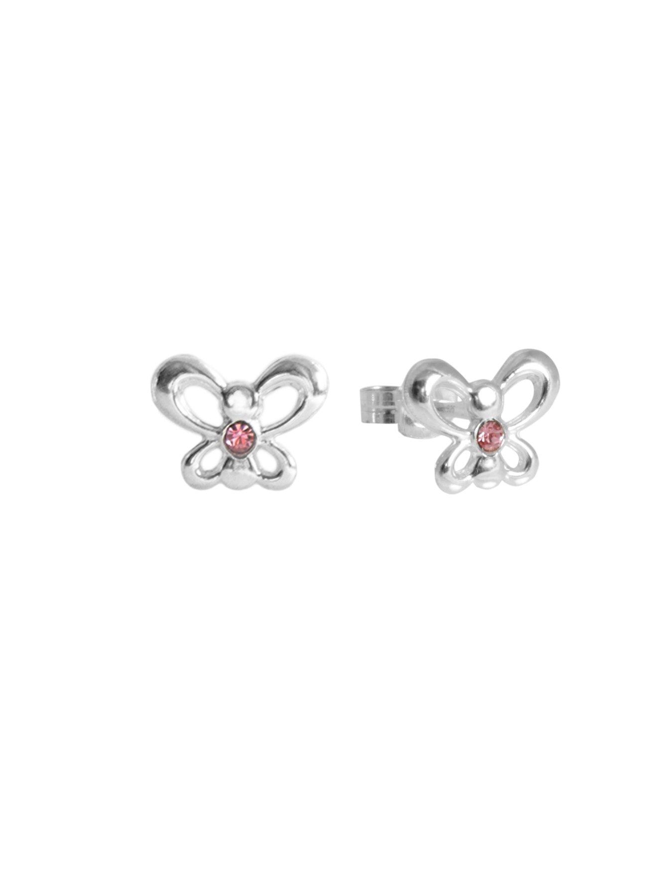  image of the-love-collection-sterling-silver-set-of-two-pink-crystal-butterfly-and-heart-studs