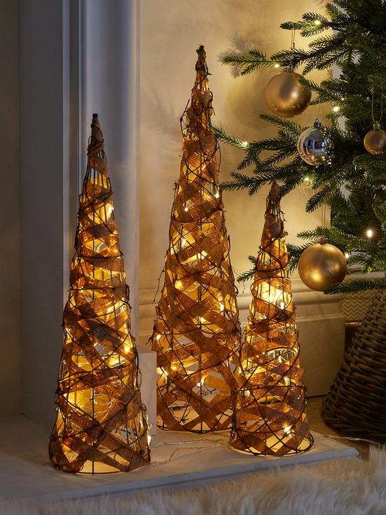 front image of set-of-3-rattan-effect-lit-cone-christmas-room-decorations