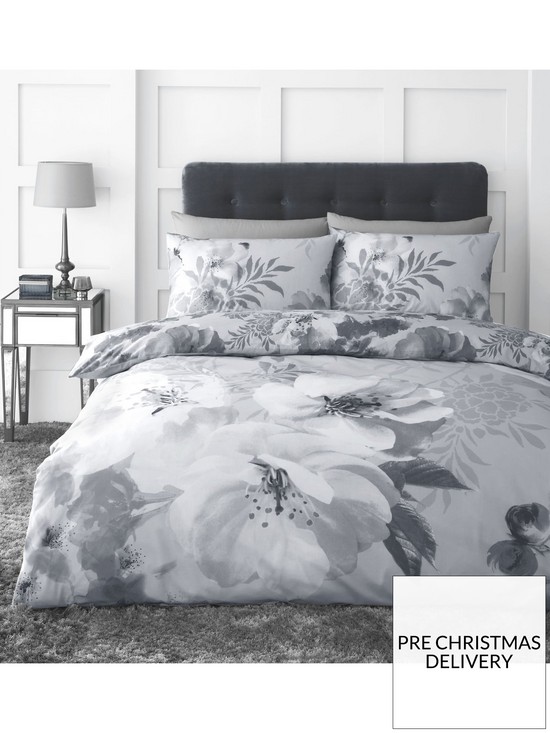 front image of catherine-lansfield-dramatic-floral-duvet-cover-set-grey