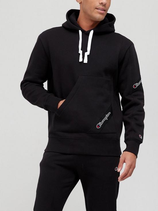 front image of champion-tape-hoodie-black