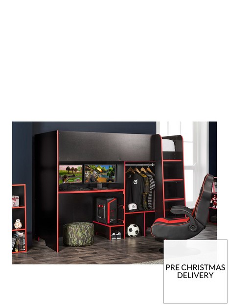 lloyd-pascal-black-gaming-bed-highsleeper-with-adjustable-desk-top-open-wardrobe-with-red-edging