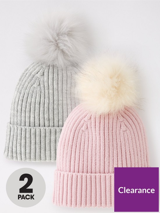 front image of v-by-very-older-girls-2-pack-pom-rib-beanie-hats