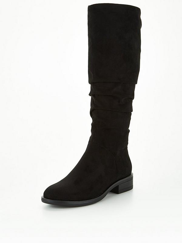 WOMENS BLACK GENUINE SUEDE KNEE-HIGH SLOUCH PLATFORM RUCHED BOOTS SIZES 3-8 