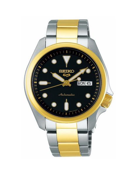 seiko-sport-black-date-dial-stainless-steel-gold-tone-bracelet-watch