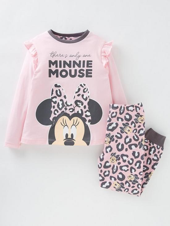 front image of minnie-mouse-girls-minnie-mouse-animal-print-frill-pyjamas--nbsppinknbsp