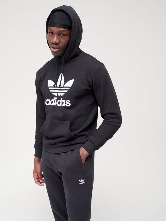 front image of adidas-originals-trefoil-hoodie-blackwhite