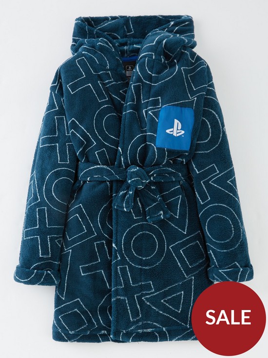 front image of playstation-boys-playstation-all-over-print-dressing-gown-navy