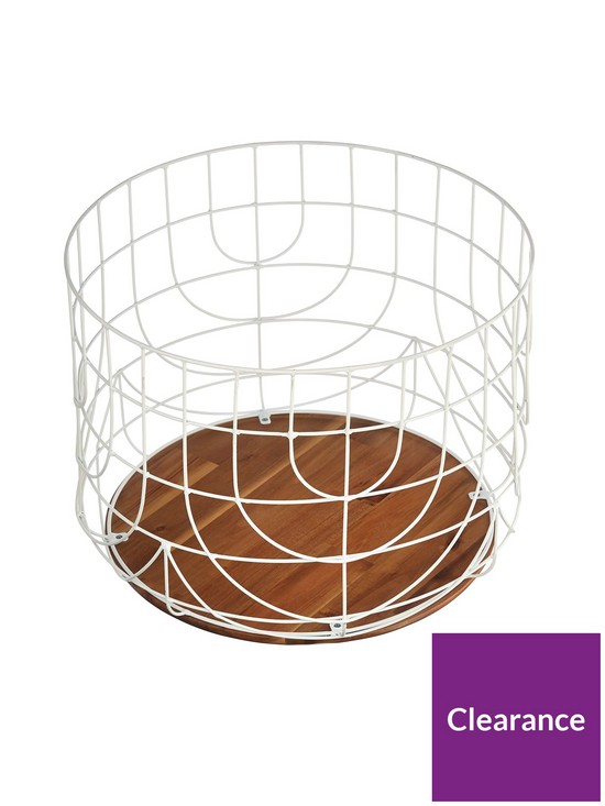 front image of white-wire-basket-wth-wood-base