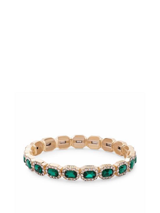 front image of jon-richard-jon-richard-gold-crystal-and-emerald-rectangle-stretch-bracelet