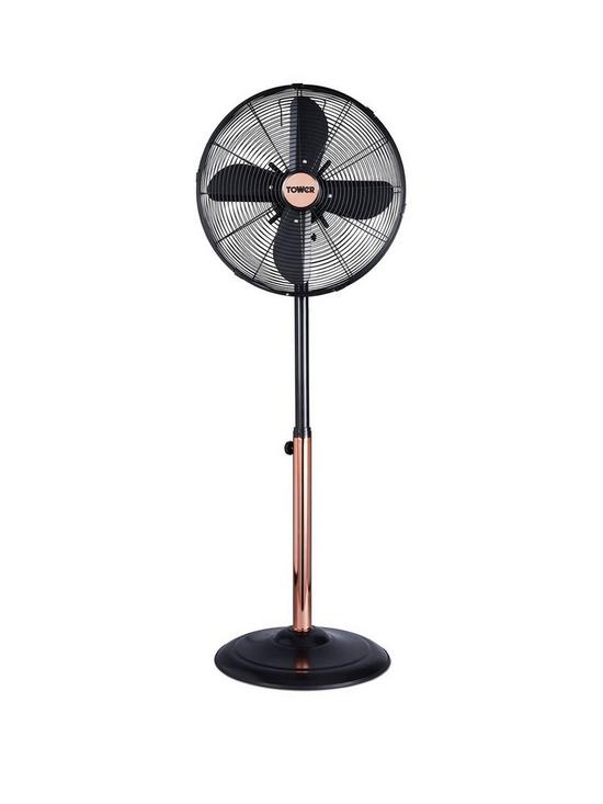 front image of tower-t6430000b-cavaletto-16rdquo-metal-pedestal-fan-with-3-speed-settings-and-copper-motor-50w-rose-gold-and-black