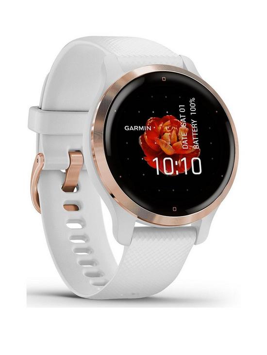 front image of garmin-venu-2s-gps-smartwatch-rose-gold-bezel-with-white-case-and-silicone-band
