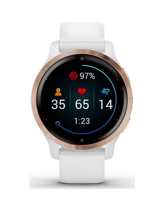 stillFront image of garmin-venu-2s-gps-smartwatch-rose-gold-bezel-with-white-case-and-silicone-band