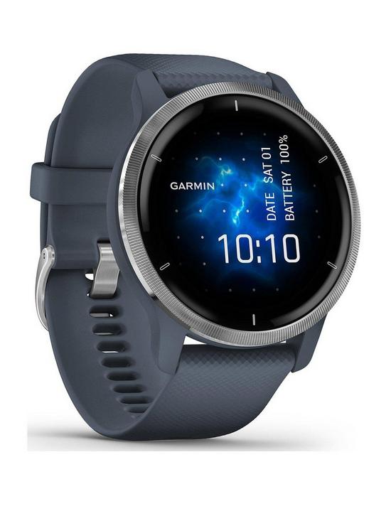 front image of garmin-venu-2-gps-smartwatch-silver-bezel-with-granite-blue-case-and-silicone-band