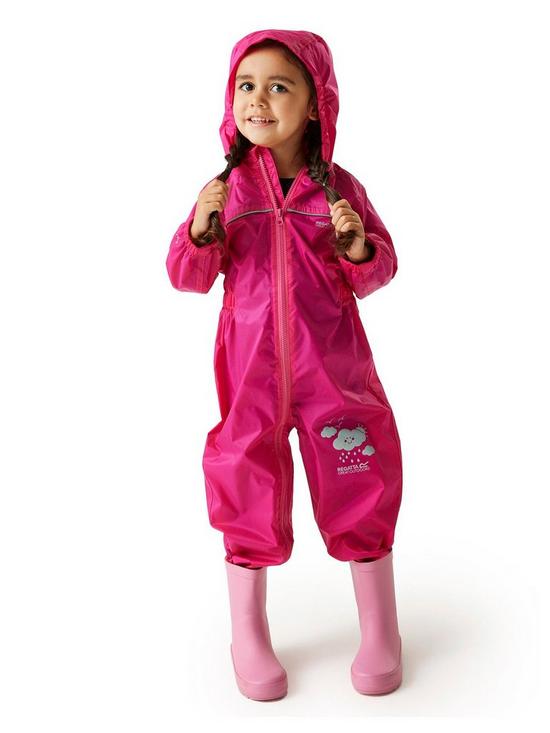 front image of regatta-kids-puddle-iv-waterproof-oversuit-pink