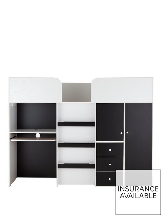 front image of miami-fresh-mid-sleeper-with-3-drawers-2-cupboards-amp-pull-out-desk-and-mattress-options--nbspblack