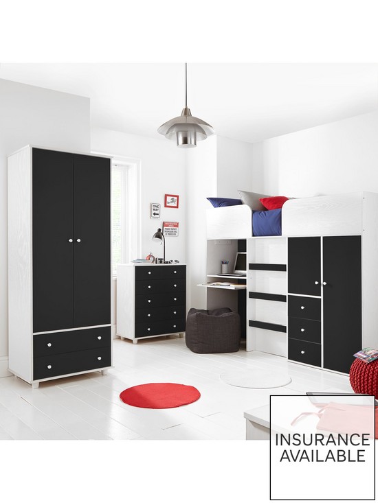 stillFront image of miami-fresh-mid-sleeper-with-3-drawers-2-cupboards-amp-pull-out-desk-and-mattress-options--nbspblack