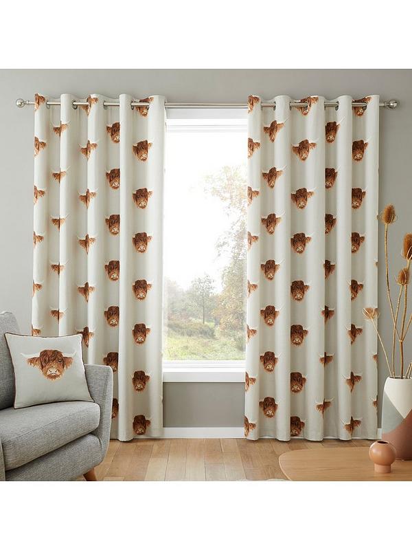 Fusion Highland Cow 100% Cotton Ready Made Fully Lined Eyelet Curtains Natural
