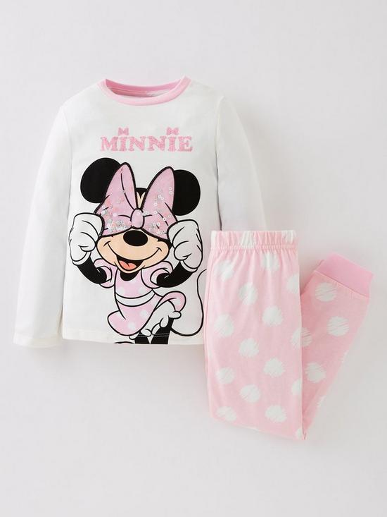 front image of minnie-mouse-girls-disney-minnie-mouse-spot-pyjamas-off-whitepink