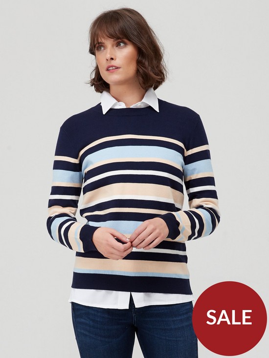 front image of fig-basil-multi-stripe-relaxed-jumper-navy