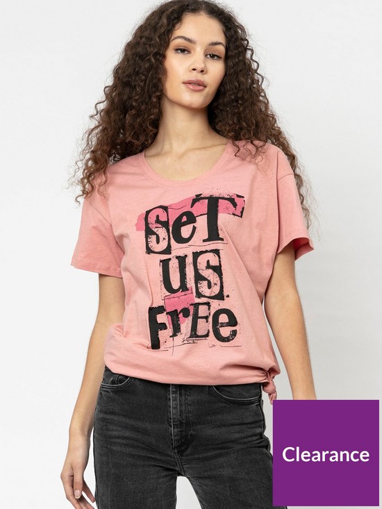 front image of religion-slogan-tee-pink