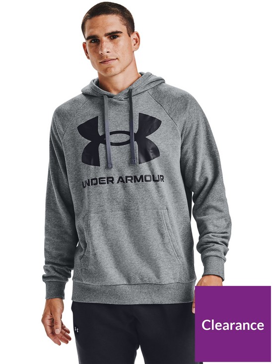 front image of under-armour-training-rival-fleece-big-logo-hoodie-grey-black