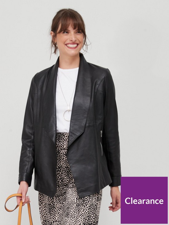 front image of fig-basil-leather-waterfall-jacket-black