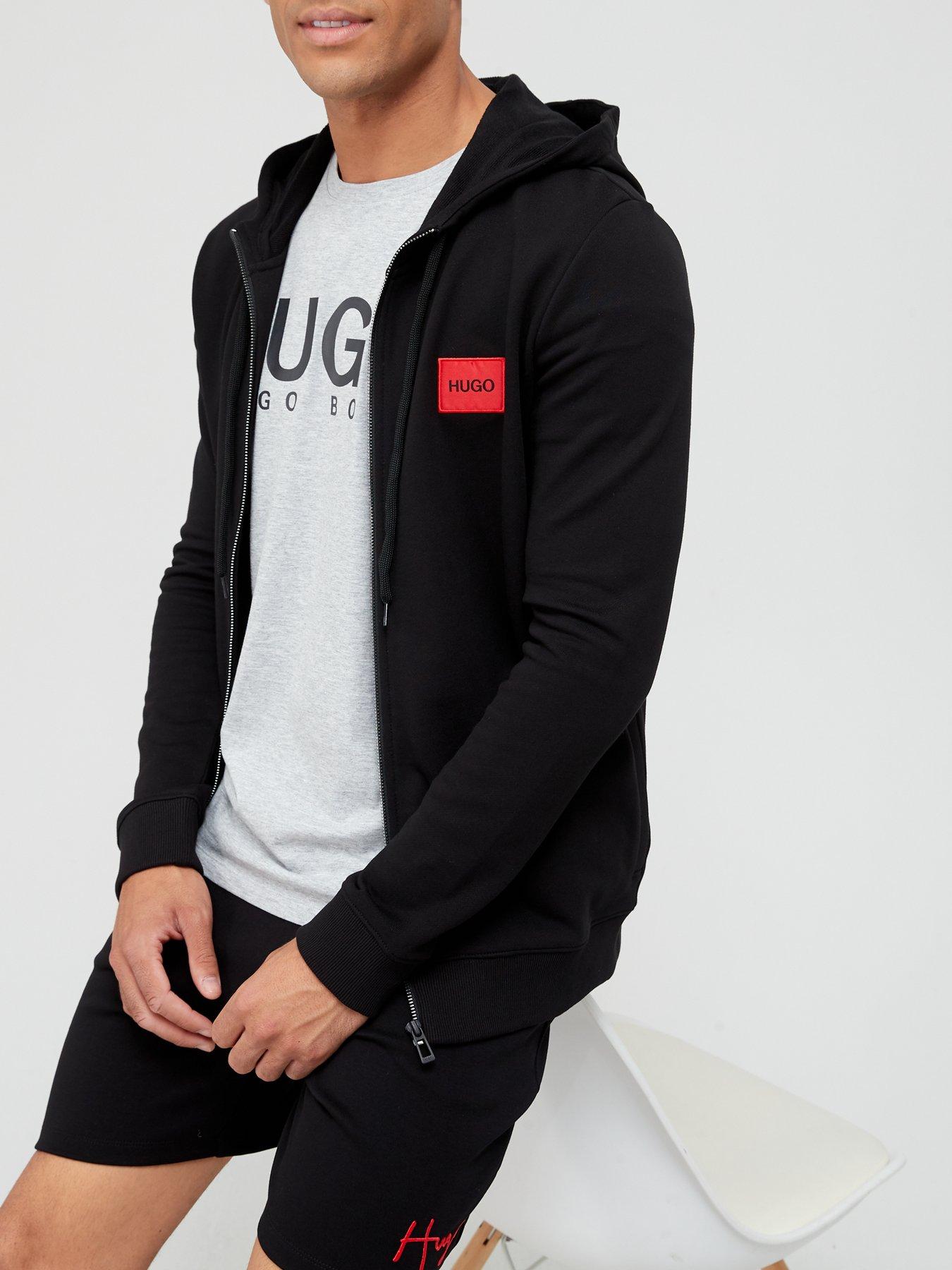 Image 1 of 4 of HUGO Daple Red Patch Logo Zip Through&nbsp;Hoodie - Black