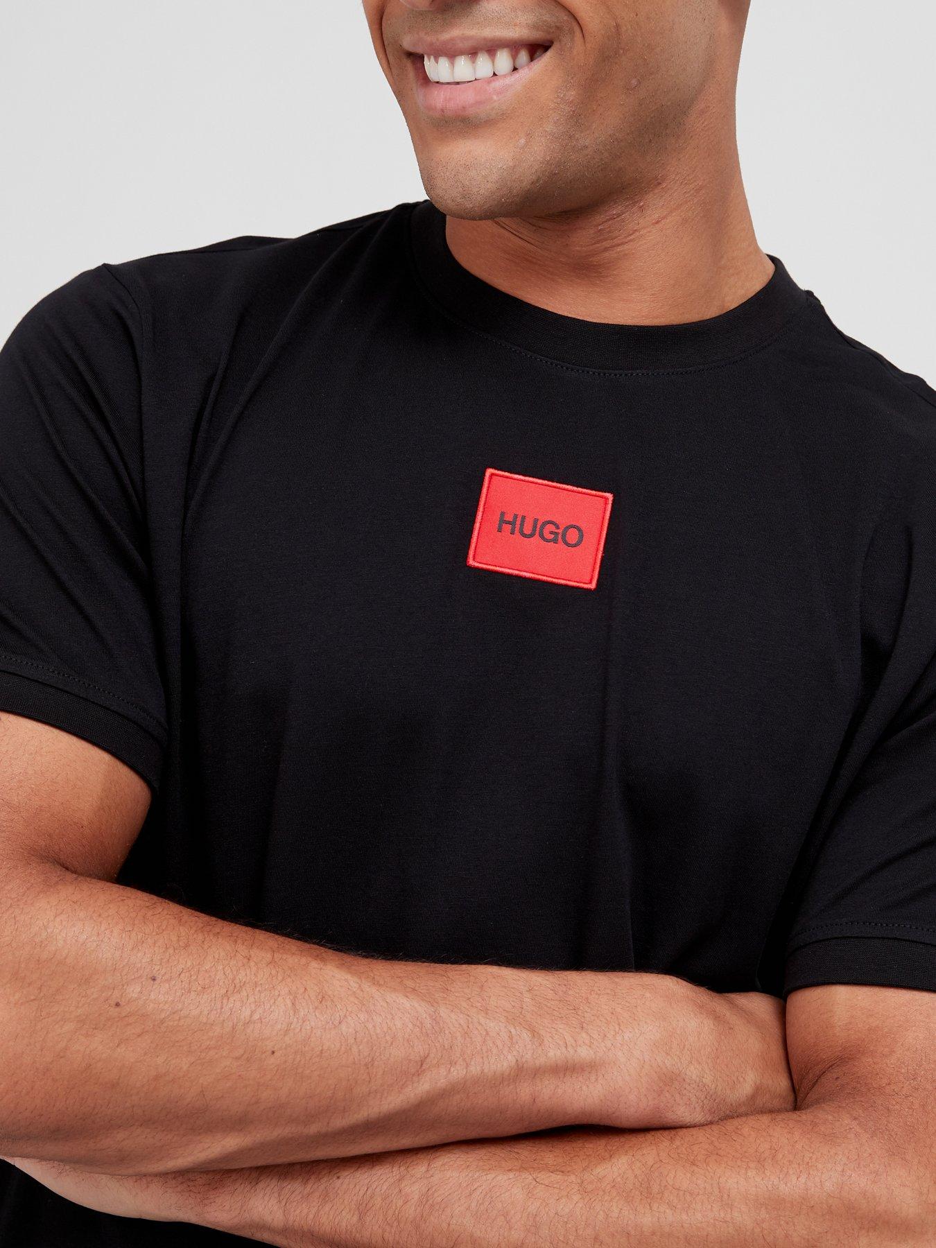 Image 4 of 4 of HUGO Mens Diragolino Red Patch Logo Crew Neck T-Shirt - Black