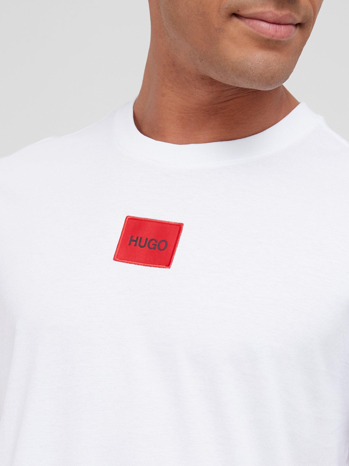Image 4 of 4 of HUGO Mens Diragolino Red Patch Logo Crew Neck T-Shirt - White
