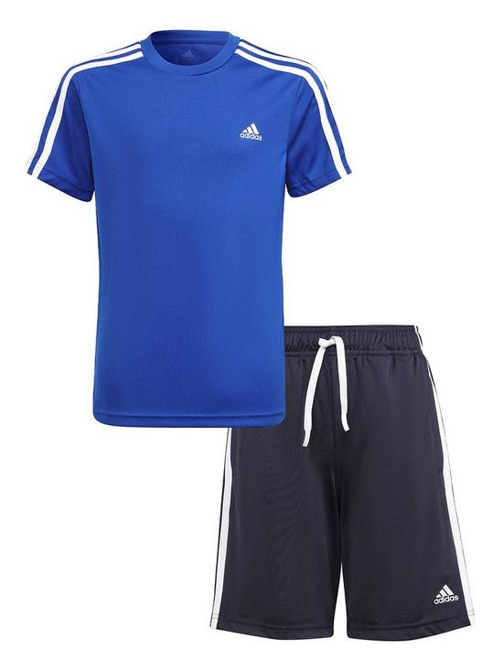 front image of adidas-junior-boys-3stripesnbspt-shirt-set-bluewhite