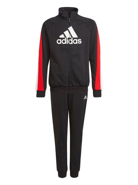 front image of adidas-junior-boys-badge-of-sport-cotton-tracksuit-redwhite