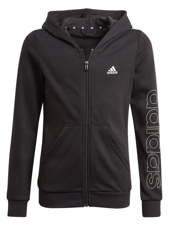 front image of adidas-junior-girls-linear-logo-full-zip-hoodie-blackwhite