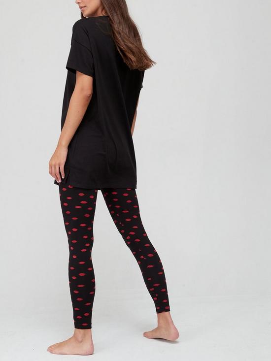 stillFront image of v-by-very-amour-lips-longline-t-shirt-and-legging-pyjamas-black