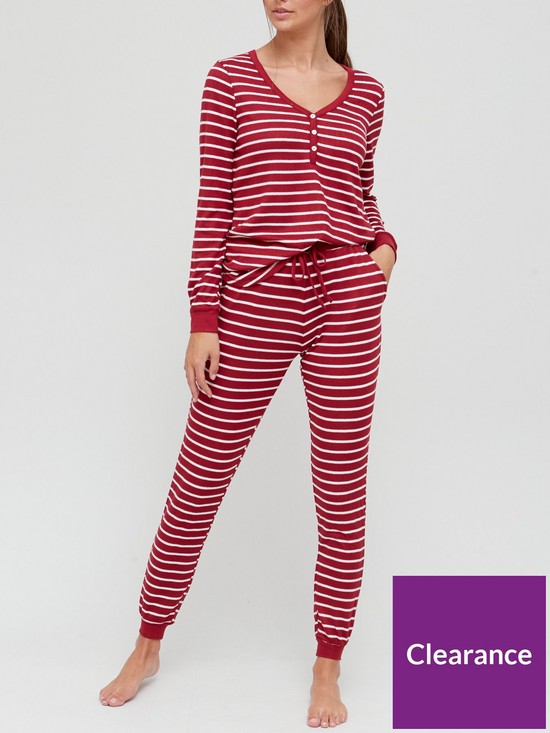 front image of v-by-very-stripe-henley-soft-touch-lounge-pyjamas-burgundy-white