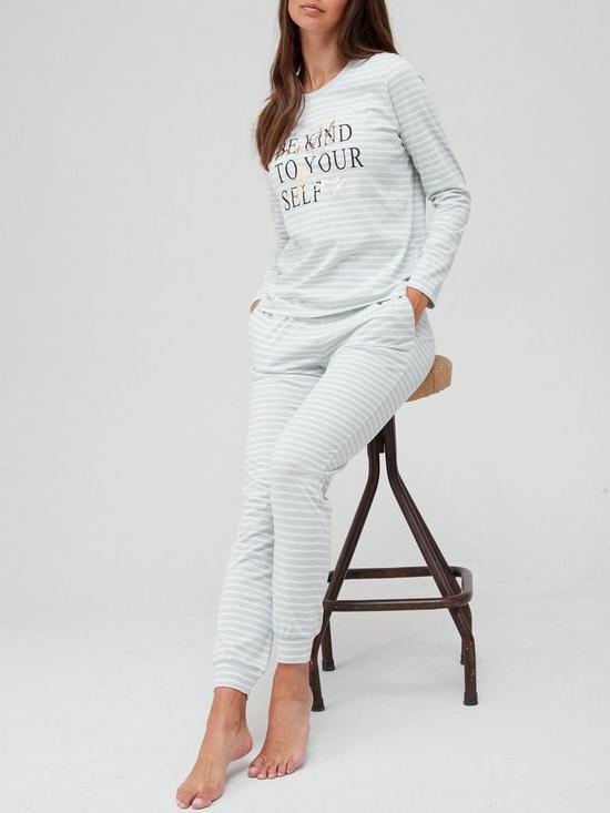 front image of v-by-very-be-kind-to-yourself-stripe-long-sleeve-jogger-pyjamas-grey-white