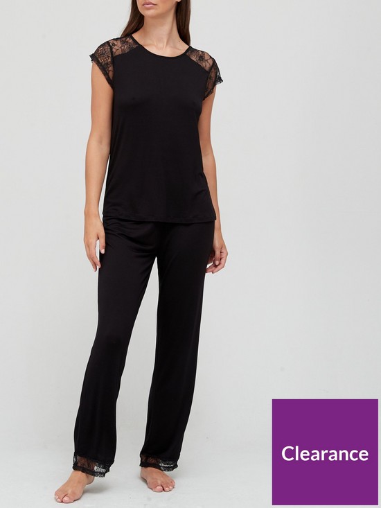 front image of v-by-very-lace-trim-t-shirt-and-wide-leg-lounge-set-blacknbsp