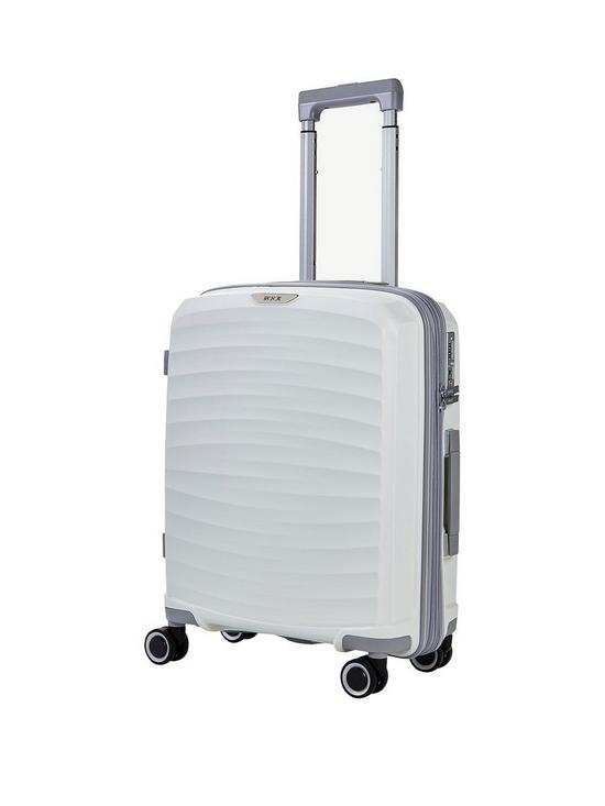 front image of rock-luggage-sunwave-8-wheel-suitcase-cabin-white