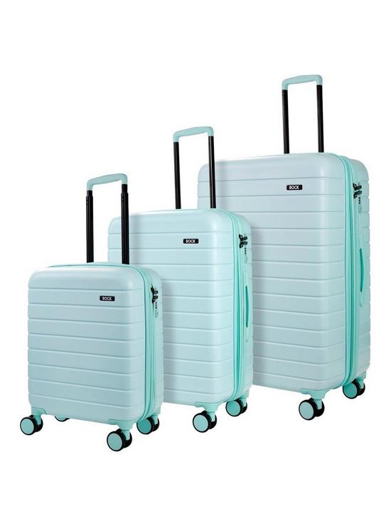 front image of rock-luggage-novo-8-wheel-suitcases-3-piece-set-pastel-green