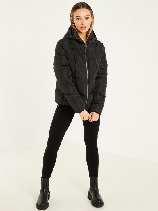 front image of quiz-chevron-padded-hooded-coat-black