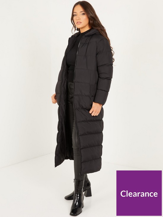 front image of quiz-padded-hooded-longline-coat-black