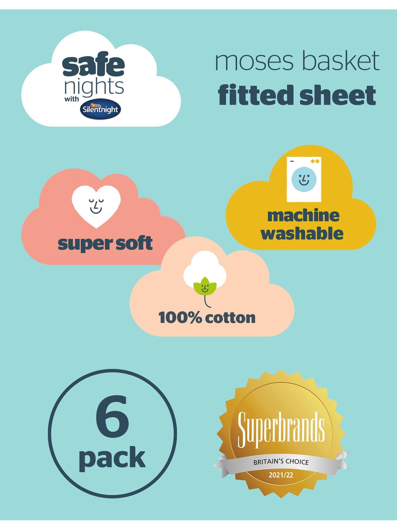  image of silentnight-safe-nights-6-x-pack-100-cotton-moses-basket-fitted-sheets-74cm-x-28cm-grey-bundle