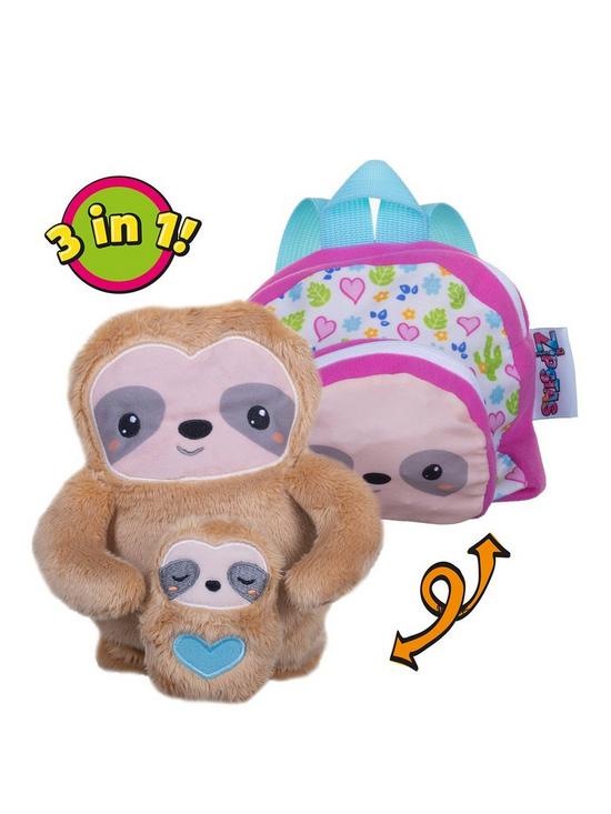 front image of zipstas-families-3-in-1-reversible-girls-mini-backpack-to-sloth-soft-toy-with-baby