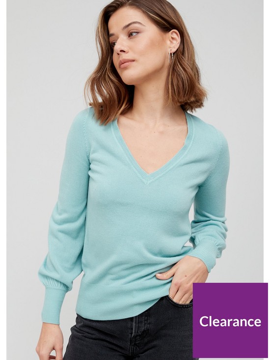 front image of v-by-very-knitted-super-soft-v-neck-deep-rib-hem-jumper-blue