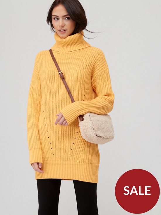 front image of v-by-very-knitted-fisherman-rib-roll-neck-longline-jumper-yellow-gold