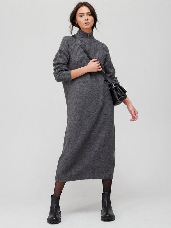 front image of v-by-very-knitted-quarter-zip-dress-charcoal-marl