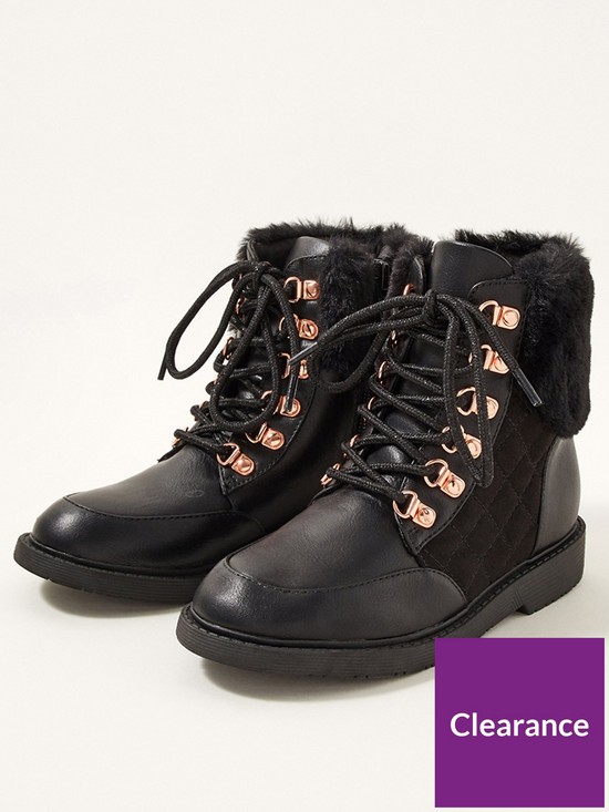 front image of monsoon-girls-quilted-fur-trim-lace-up-boots-black