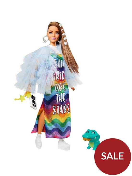 front image of barbie-extra-doll-in-blue-ruffled-jacketnbspand-rainbow-dress