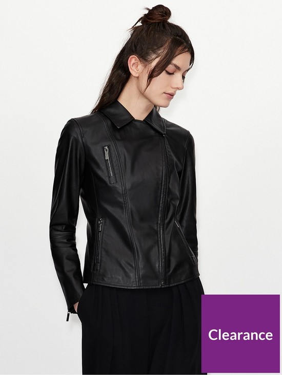 front image of armani-exchange-leather-biker-jacket-black