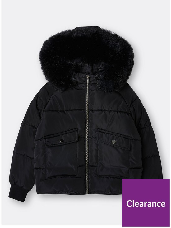 front image of river-island-girls-padded-hooded-coat-black