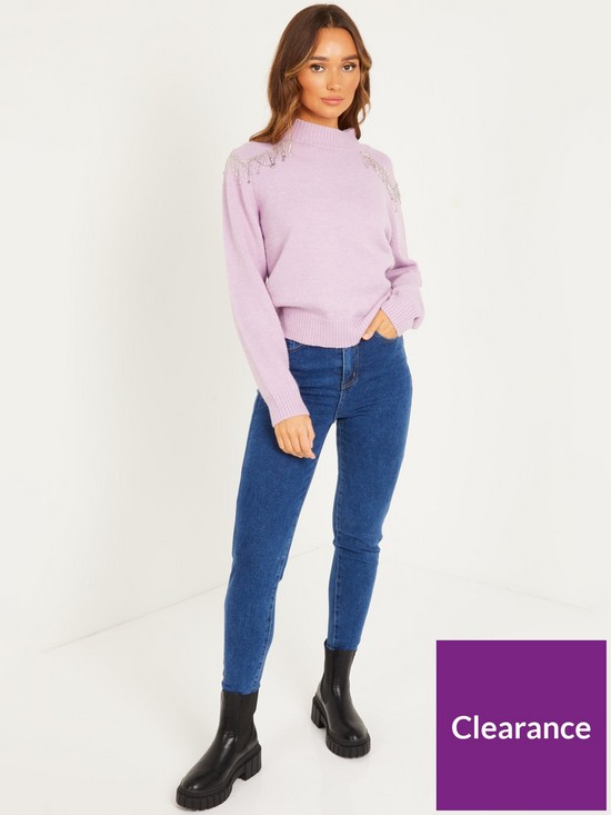 front image of quiz-embellished-shoulder-knitted-jumper-purple